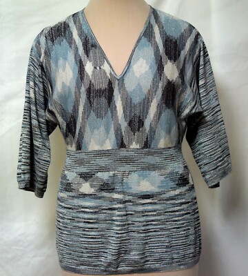 Dip Dye Itsu Metallic Knit V Neck Top Dolman Sleeve Blue/Silver/Gray/White-M/L -image