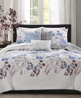 Madison Park Luna Floral 6-Pc. Reversible Quilt Set Full/Queen Blue/ Multi $300-image