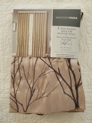 NEW Madison Park Rod Pocket Back Tab Panel Savoy Tan Embroidery Faux Silk 50x84 -image