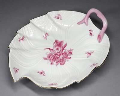 Herend Pink Porcelain Leaf Form Basketweave Handled Serving Dish Plate #2-image