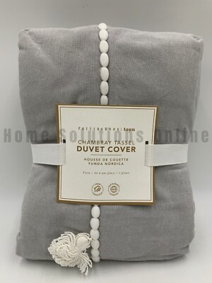 Pottery Barn Teen Cotton Chambray Tassel Duvet Cover Light Gray Twin #A1304-image