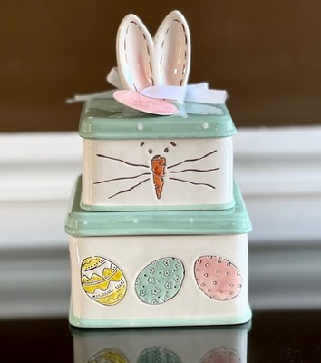 Easter Bunny Trinket Boxes Potters Studio Green White Ceramic Candy Jewelry New-image