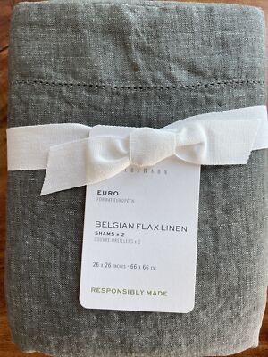 (2)Pottery Barn Belgian Flax Linen Euro Sham Set/2 Dark Forest Green NWT-image