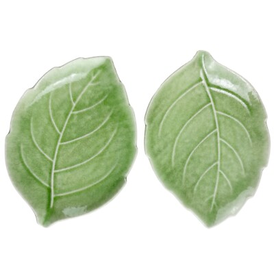 Studio Art Pottery Leaf Shaped Plates Set of 2 Dishes Trinket Soap Dish Green 9