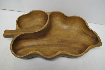 Antique/Vtg Large Mahogany Wooden Hand Made Leaf Shaped Chip & Dip Bowl~Woodware-image