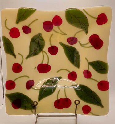 Galbraith Art Glass Cherries Centerpiece Bowl Artist Signed 2006 Leaves Fused-image