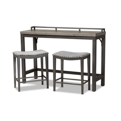 Baxton Studio Noll Gray Upholstered 3-Piece Metal Counter Table Set-image