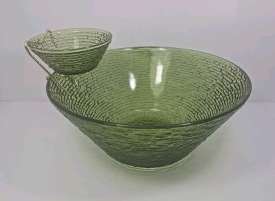 MCM Vintage Anchor Hocking Soreno Glass Avocado Green Large Chip & Dip Bowl -image