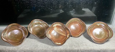 Lot Of 5 MCM Japanese Studio Pottery Tenmoku Glazed Lotus Shaped Bowls Signed-image
