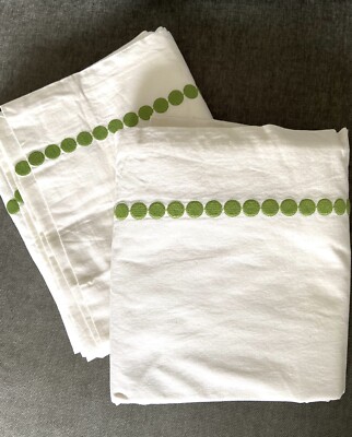 2 POTTERY BARN PEARL EMBROIDERED DRAPES 50 X 84” GREEN NEW BORDER WHITE COTTON-image