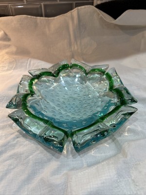Marano Like ,Studio Art Glass controlled bubble blue and green ashtray 9”D X 2”T-image