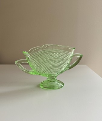 Rare Vintage Green Uranium Hobnail Glass Vase Fan Shaped With Handles-image