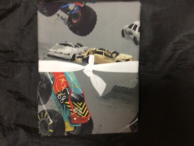 POTTERY BARN KIDS ORGANIC HOT WHEELS  MONSTER TRUCKS DUVET COVER F/Q MULTI  NEW-image