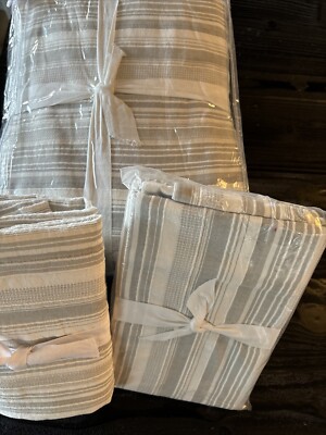 3 Pcs Set POTTERY BARN Beckett Yarn Dye Striped King Duvet + 2 Euros  Eucalyptus-image