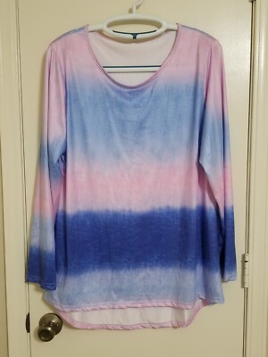 UNBRANDED DIP DYED HIGH LOW HEM LIGHTWEIGHT STRETCH TEE/L PINK LIGHT & DARK BLUE-image
