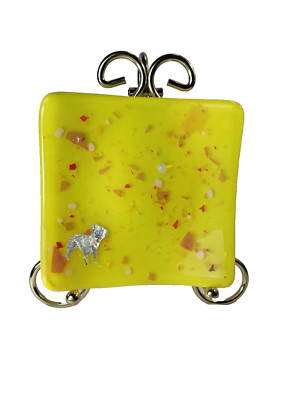 Studio Fused Glass Square with Silver Silhouette of Dog-Dish Tray Unsigned-image