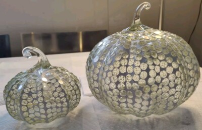 2 Pottery Barn White Mosaic Pumpkins Cloche Halloween Thanksgiving Mint #978G-image