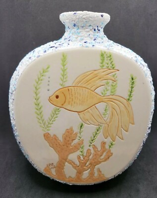 Studio Pottery Vase Gold Fish Bowl Pebble Sides Handpainted Signed Pat Lang Vtg-image