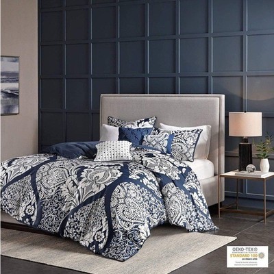 Madison Park Vienna Cotton Poly Blend Duvet Set - Classic Design, Color: Indigo-image