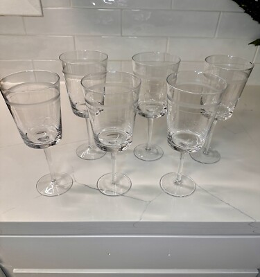 RARE CRYSTAL Pottery Barn Stemmed Wine Glasses ETCHED S/6 (Two Sets Available)-image