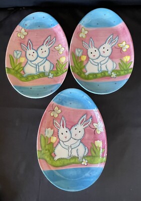 Studio 33 Ceramic Decorative Easter Egg Shaped Plates w/Bunny Rabbits, 9 1/4