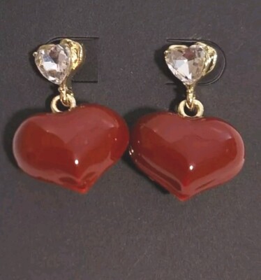Red Enamel Earrings Heart Shaped Dangle Posts 1