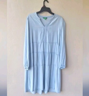 Dip Women's Light Blue Denim Tiered Ruffle Notched Neck Dress Size L-image