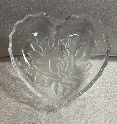 Studio Nova Crystal Japan Heart Shaped Candy Dish Etched Glass Frosted Roses-image