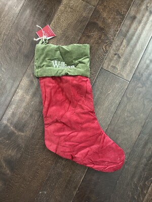 NWT Pottery Barn Classic Medium Red Green Velvet Christmas Stocking Mono William-image