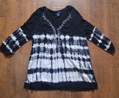 Bandolino Caddie Dip Tie Dye Beaded Accent Blouse Tunic Shirt Boho Top Black-image