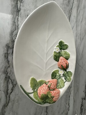 3D Strawberries Teardrop Shaped Serving Bowl White Ceramic Vintage Made in Italy-image