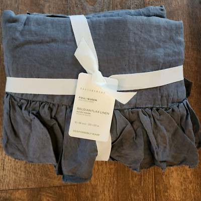 Pottery Barn Belgian Flax Linen Fringe Ruffle Duvet Cover Full/Queen Steel Blue-image