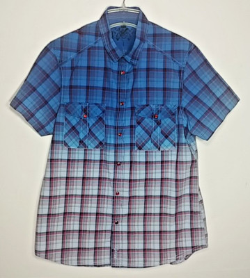 Guess Men's Size L Dip-Dye Tartan Plaid Shirt Short Sleeve Red Pearl Snaps Read-image