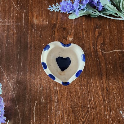 Studio Pottery Small Heart Shaped Ring Dish Small Bowl Blue Glaze Rustic...-image