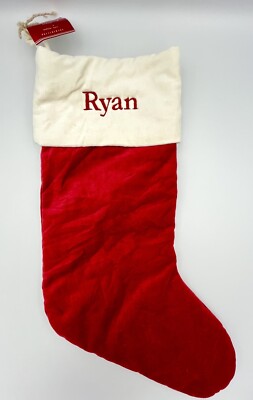POTTERY BARN CLASSIC VELVET CHRISTMAS STOCKING *RYAN* RED IVORY NEW MEDIUM NWT-image