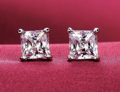 4 Ct Princess Cut FL/D Lab Created Stud Earrings 14K White Gold 7mm Push Back-image