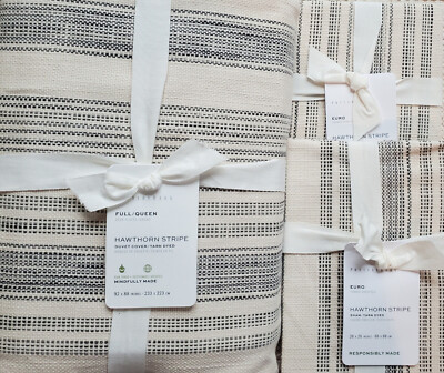 POTTERY BARN Hawthorn Stripe  FULL/QUEEN Duvet & 2 EURO Shams NEW~ CHARCOAL GRAY-image
