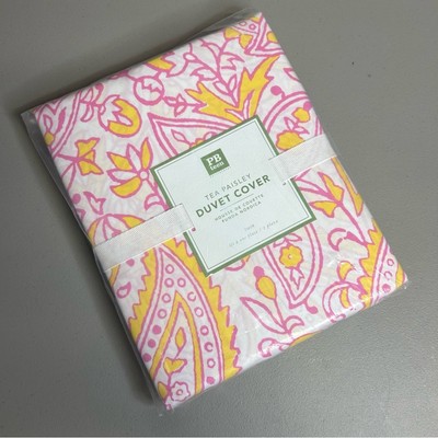 Pottery Barn Tea Paisley Print Duvet Cover TWIN White Pink Yellow 100 Cotton NWT-image