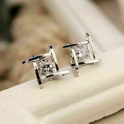 14K White Gold Plated 1.50 Ct Round Moissanite Diamond Square Stud Earrings-image