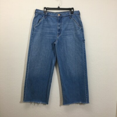 Mother Jean Womens The Fun Dip Utility Puddle Wide Leg Size 32 Cut off hem Blue-image