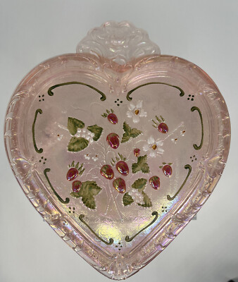 Fenton 2003 Museum Collection Heart Shaped Trinket Box Iridescent Pink XL Signed-image
