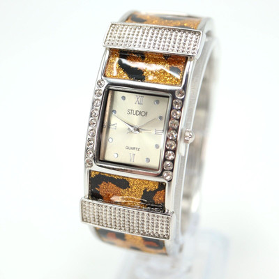Studio Time Womens Leopard Print Cuff Watch 23mm Dial Crystal Bezel New Battery-image