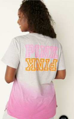 New L Victoria Secret Pink Campus Dip Dye Logo Short Sleeve Tee V.S. Large-image
