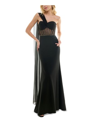 CITY STUDIO Womens Black Illusion Bodice Flyaway Cape Dress Juniors 34-image