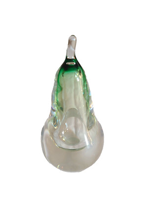 Art Glass Pear Paperweight by Studio Ahus Sweden, Clear + Green, Signed -image