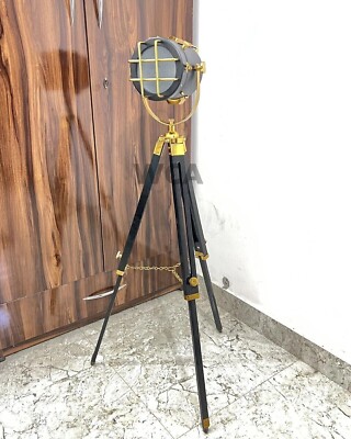 Marine Studio Searchlig Spot Light Floor Lamp Nautical Adjustable Wooden Tripod-image