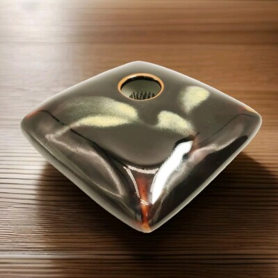 Ikebana Signed Georgetown Studio Pottery Ceramic Square Black Flower Vase-image