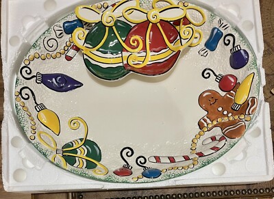 Clay Art Deck the Halls Ceramic Christmas Chip & Dip Set/Platter 2 Pieces-image