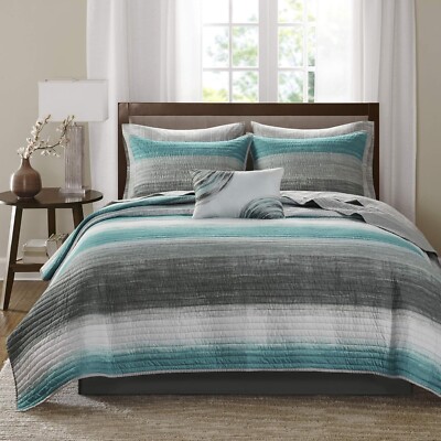 Madison Park Essentials Teal Striped Full Quilt Sheet Set 8pc OEKO-TEX Certified-image