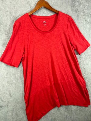J Jill Pima Cotton Dipped Hem Tunic Short Sleeve NWT Womens Large Red Top Casual-image